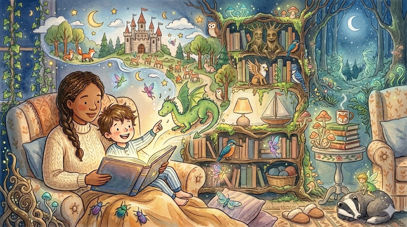 A family reading a glowing storybook surrounded by whimsical storybook scenes